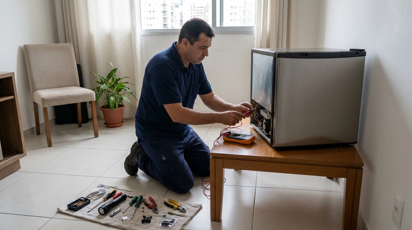 Técnico realizando manutenção de motor de frigobar em Osasco‑SP