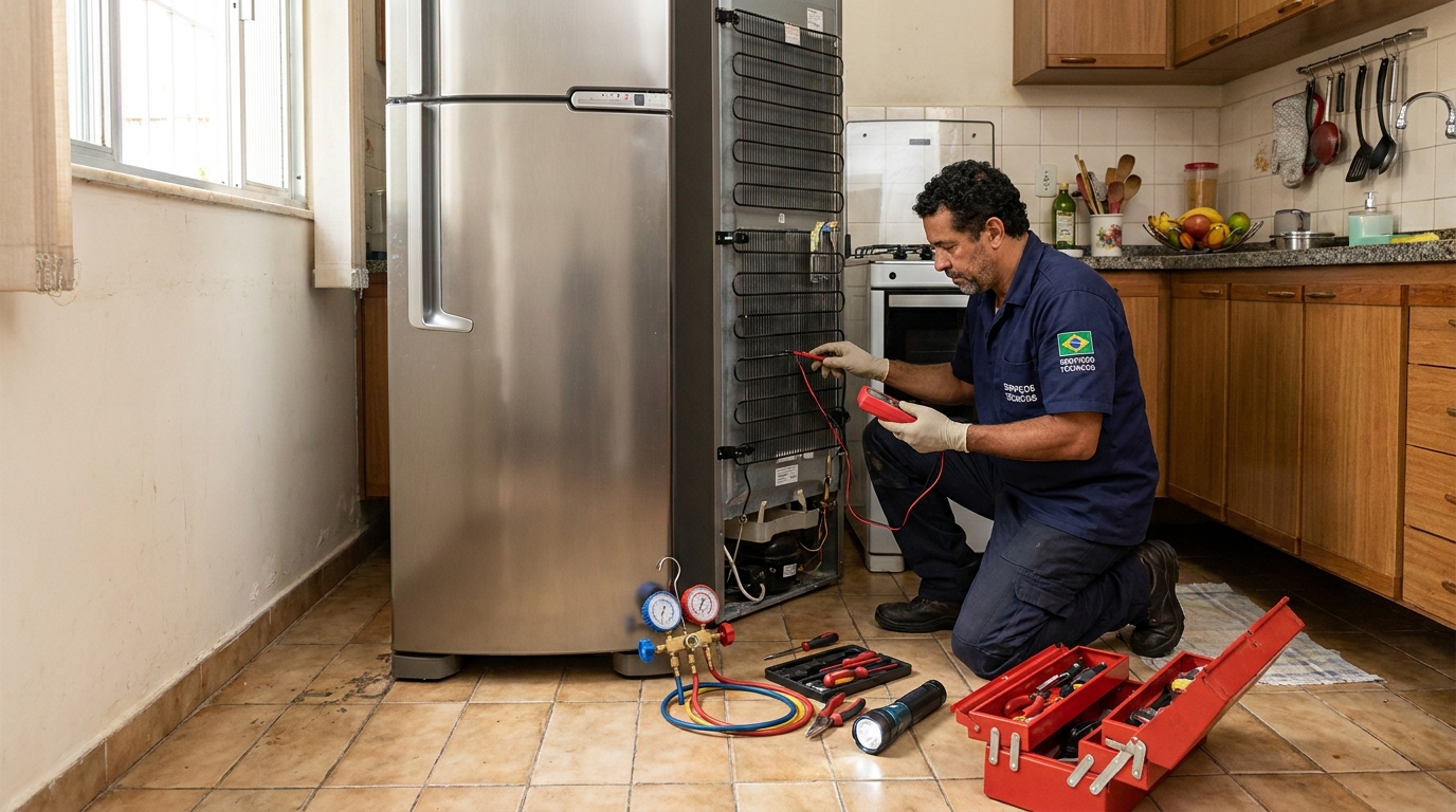 Técnico realizando manutenção de motor de geladeira em Osasco‑SP
