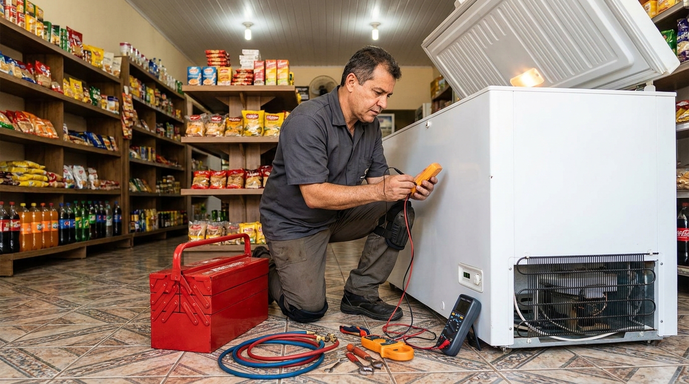 Recarga de gás refrigerante em freezer em atendimento em Osasco‑SP